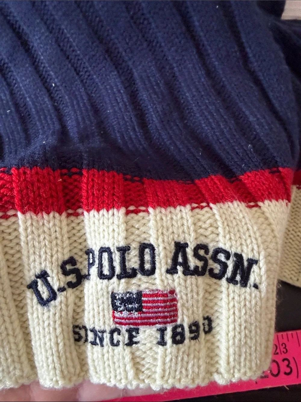 U.S. Polo Assn. Navy, Cream & Red Ribbed Knit Scarf